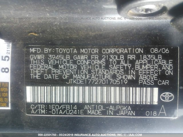 JTKDE177270170519 - 2007 TOYOTA SCION TC GRAY photo 9