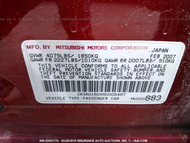 JA3AU16UX8U008487 - 2008 MITSUBISHI LANCER DE RED photo 9