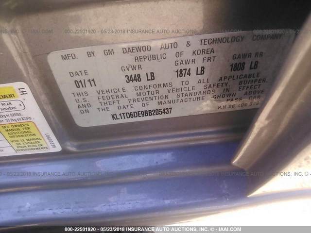 KL1TD6DE9BB205437 - 2011 CHEVROLET AVEO LS/LT 灰色 照片 9