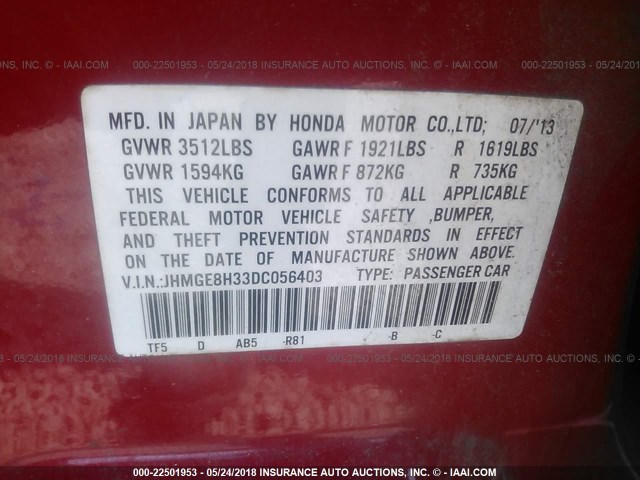 JHMGE8H33DC056403 - 2013 HONDA FIT RED photo 9