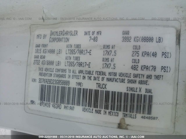 3D7KA28D23G858889 - 2003 DODGE RAM 2500 ST/SLT 白色 照片 9