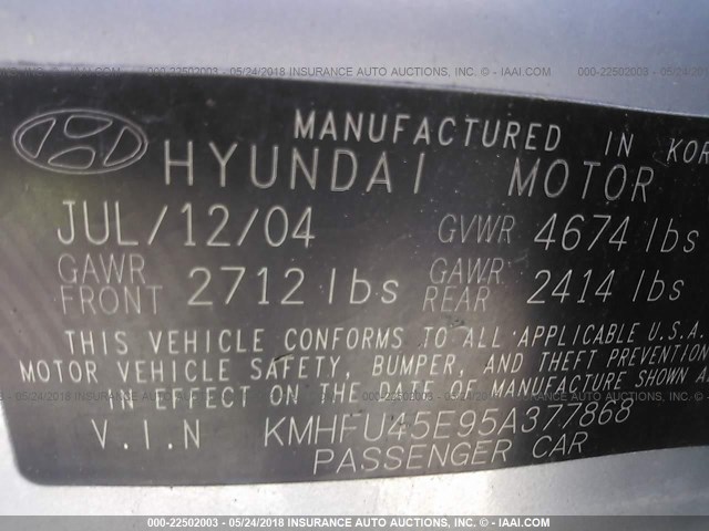 KMHFU45E95A377868 - 2005 HYUNDAI XG 350 SILVER photo 9