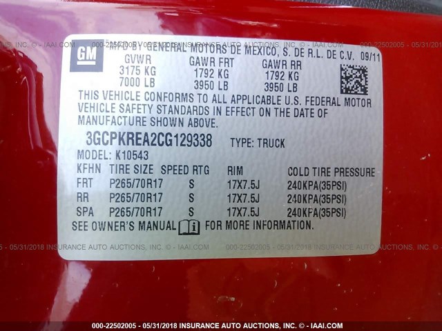 3GCPKREA2CG129338 - 2012 CHEVROLET SILVERADO K1500 LS RED photo 9