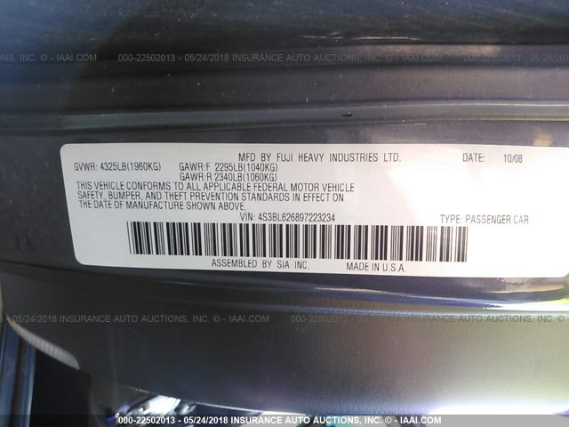 4S3BL626897223234 - 2009 SUBARU LEGACY 2.5I LIMITED GRAY photo 9