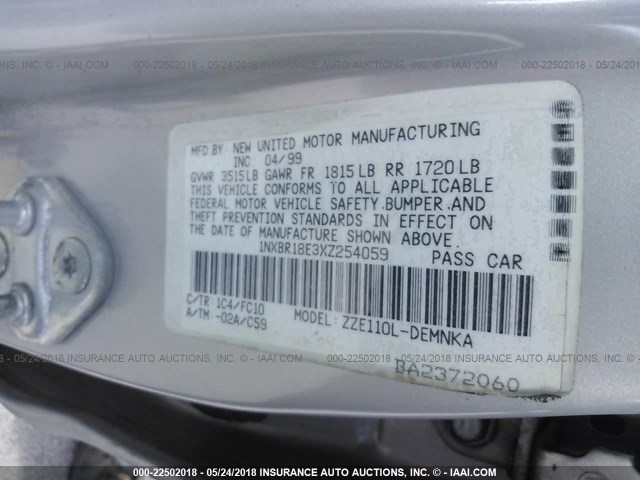 1NXBR18E3XZ254059 - 1999 TOYOTA COROLLA VE/CE/LE SILVER photo 9