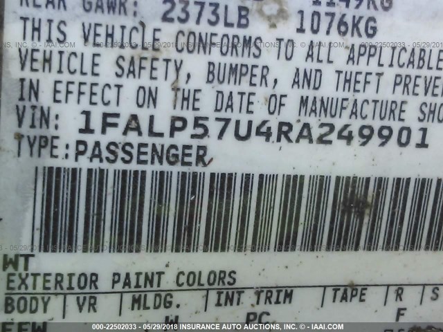 1FALP57U4RA249901 - 1994 FORD TAURUS GL WHITE photo 9