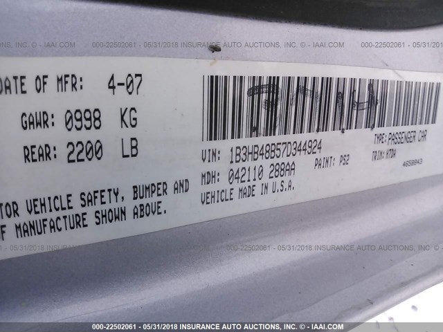 1B3HB48B57D344924 - 2007 DODGE CALIBER SXT SILVER photo 9