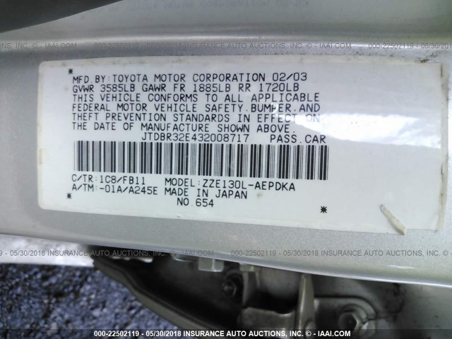 JTDBR32E432008717 - 2003 TOYOTA COROLLA CE/LE SILVER photo 9