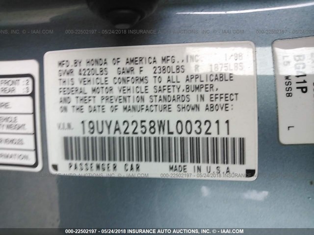 19UYA2258WL003211 - 1998 ACURA 3.0CL BLUE photo 9