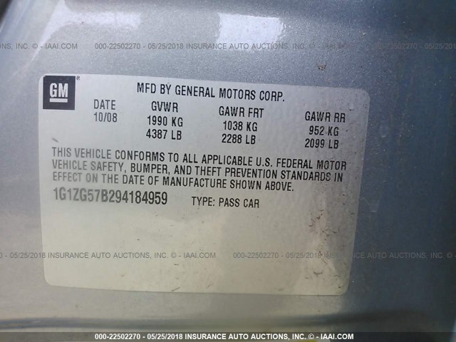 1G1ZG57B294184959 - 2009 CHEVROLET MALIBU LS 蓝色 照片 9