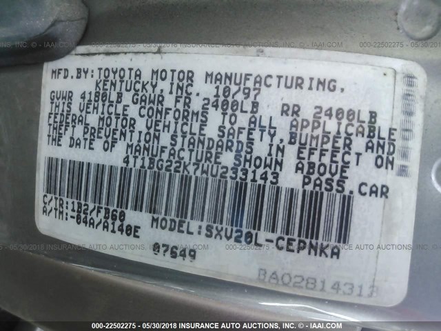 4T1BF22K3VU013032 - 1997 TOYOTA CAMRY CE/LE/XLE 棕色 照片 9