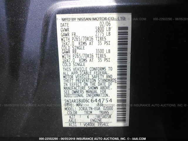 5N1AR18U06C644754 - 2006 NISSAN PATHFINDER LE/SE/XE GRAY photo 9