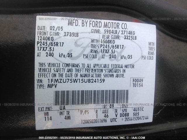 1FMZU75W15UB24159 - 2005 FORD EXPLORER LIMITED 黑色 照片 9