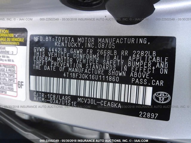 4T1BF30K16U111860 - 2006 TOYOTA CAMRY LE/XLE/SE Gümüş foto 9