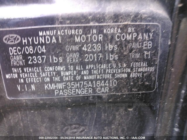 KMHWF35H75A184410 - 2005 HYUNDAI SONATA GLS/LX BLACK photo 9