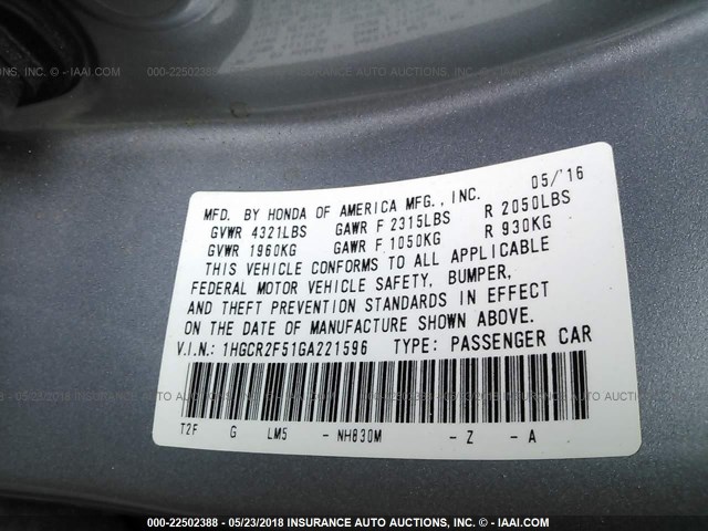 1HGCR2F51GA221596 - 2016 HONDA ACCORD SPORT SILVER photo 9