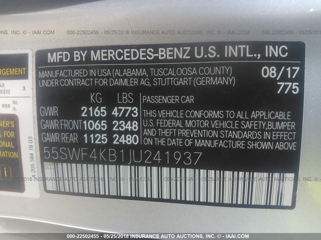 55SWF4KB1JU241937 - 2018 MERCEDES-BENZ C 300 4MATIC SILVER photo 9