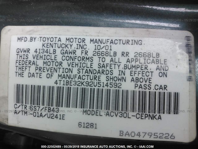 4T1BE32K92U514592 - 2002 TOYOTA CAMRY LE/XLE/SE 绿色 照片 9