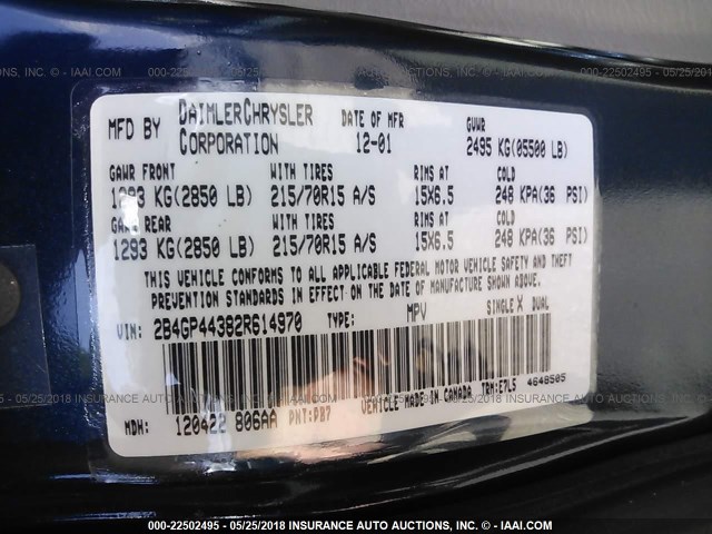 2B4GP44382R614970 - 2002 DODGE GRAND CARAVAN SPORT BLUE photo 9