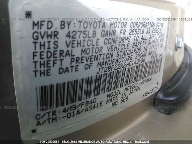 JT2BF22K2W0142286 - 1998 TOYOTA CAMRY CE/LE/XLE GOLD photo 9