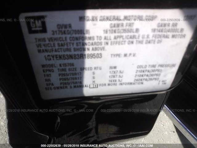 1GYEK63N83R189503 - 2003 CADILLAC ESCALADE LUXURY Qara foto 9