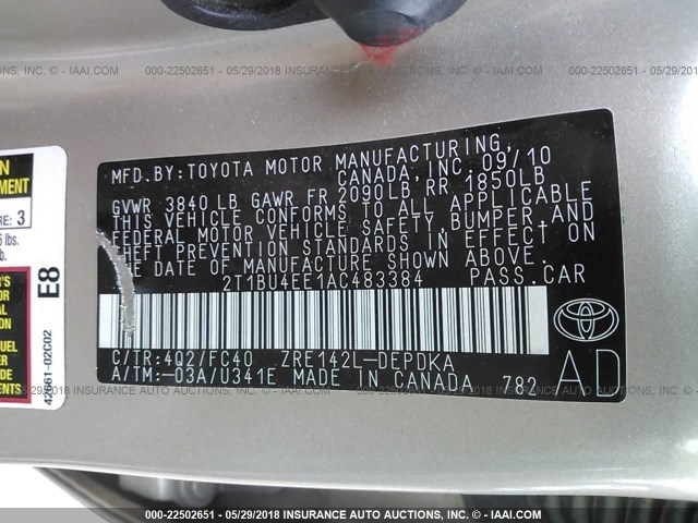 2T1BU4EE1AC483384 - 2010 TOYOTA COROLLA S/LE/XLE GOLD photo 9