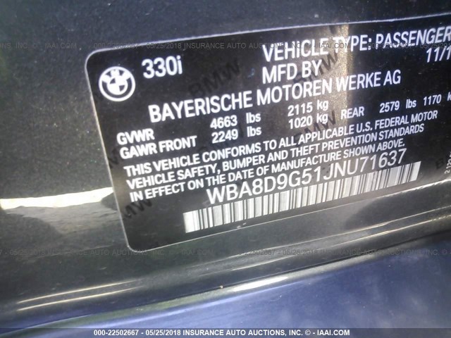 WBA8D9G51JNU71637 - 2018 BMW 330 XI 灰色 照片 9