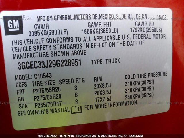 3GCEC33J29G228951 - 2009 CHEVROLET SILVERADO C1500 LTZ RED photo 9