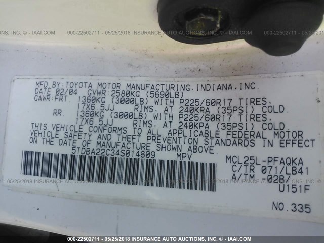 5TDBA22C34S014809 - 2004 TOYOTA SIENNA XLE/XLE LIMITED WHITE photo 9