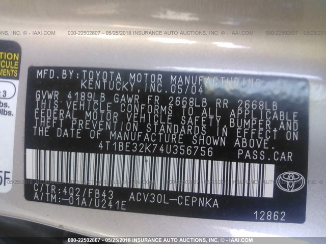 4T1BE32K74U356756 - 2004 TOYOTA CAMRY LE/XLE/SE ბეჟი ფოტო 9