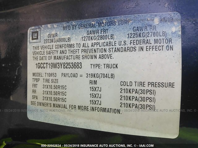 1GCCT19W3Y8253683 - 2000 CHEVROLET S TRUCK S10 BLUE photo 9