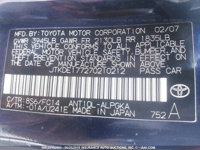 JTKDE177270210212 - 2007 TOYOTA SCION TC 蓝色 照片 9