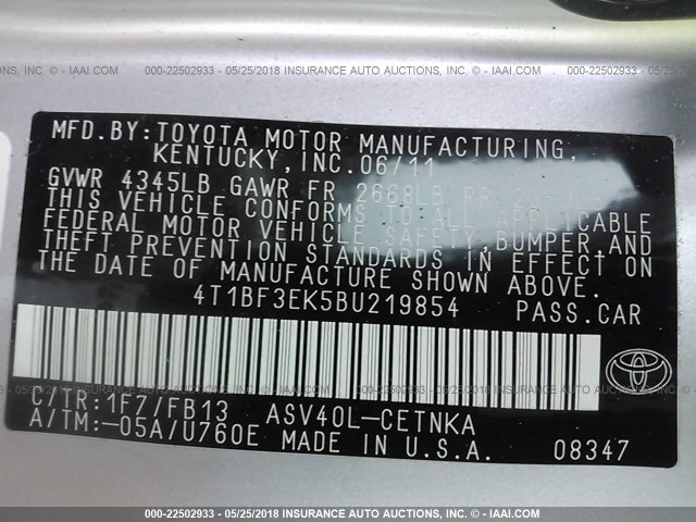 4T1BF3EK5BU219854 - 2011 TOYOTA CAMRY SE/LE/XLE SILVER photo 9