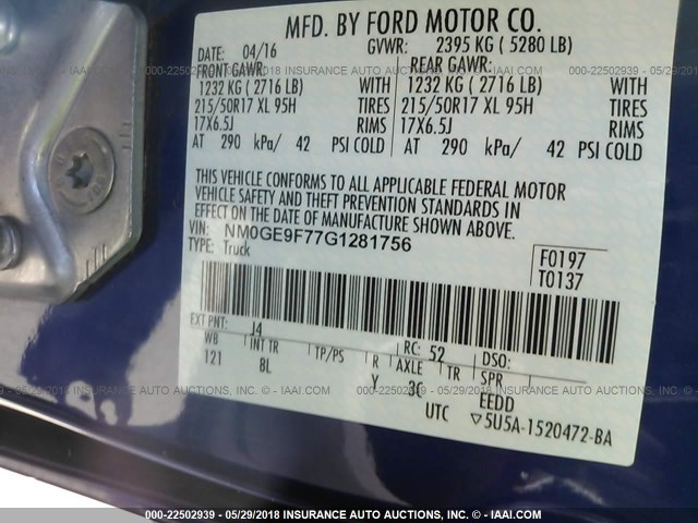 NM0GE9F77G1281756 - 2016 FORD TRANSIT CONNECT XLT BLUE photo 9