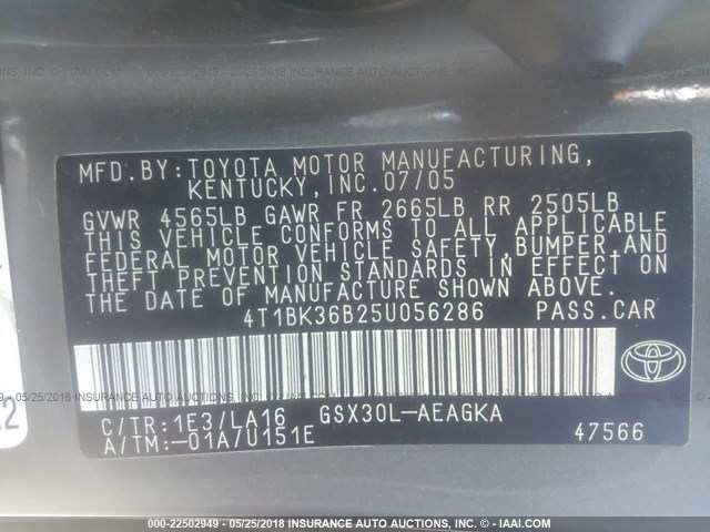 4T1BK36B25U056286 - 2005 TOYOTA AVALON XL/XLS/TOURING/LIMITED GRAY photo 9