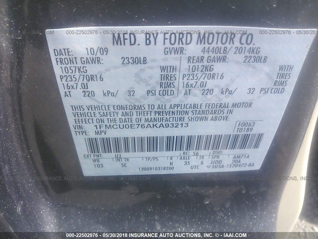 1FMCU0E76AKA93213 - 2010 FORD ESCAPE LIMITED BLACK photo 9