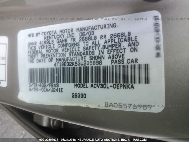 4T1BE32K53U235898 - 2003 TOYOTA CAMRY LE/XLE/SE ოქროსფერი ფოტო 9