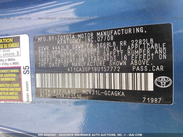 4T1CA30P18U157772 - 2008 TOYOTA CAMRY SOLARA SE/SLE/SPORT BLUE photo 9