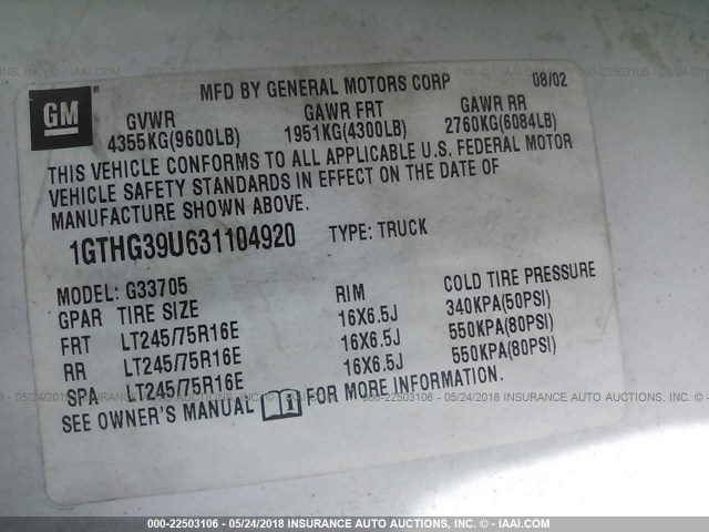 1GTHG39U631104920 - 2003 GMC SAVANA G3500 WHITE photo 9