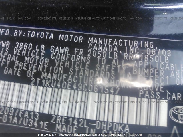 2T1KU40E49C061547 - 2009 TOYOTA COROLLA MATRIX  BLACK photo 9