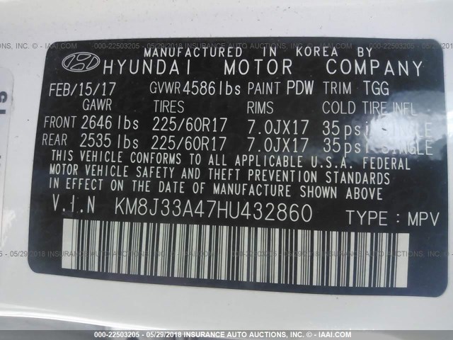 KM8J33A47HU432860 - 2017 HYUNDAI TUCSON LIMITED/SPORT AND ECO/SE WHITE photo 9