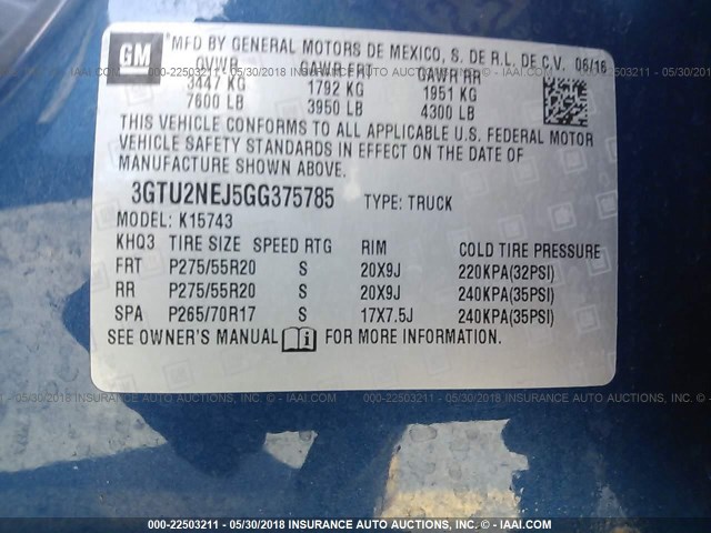 3GTU2NEJ5GG375785 - 2016 GMC SIERRA K1500 SLT BLUE photo 9