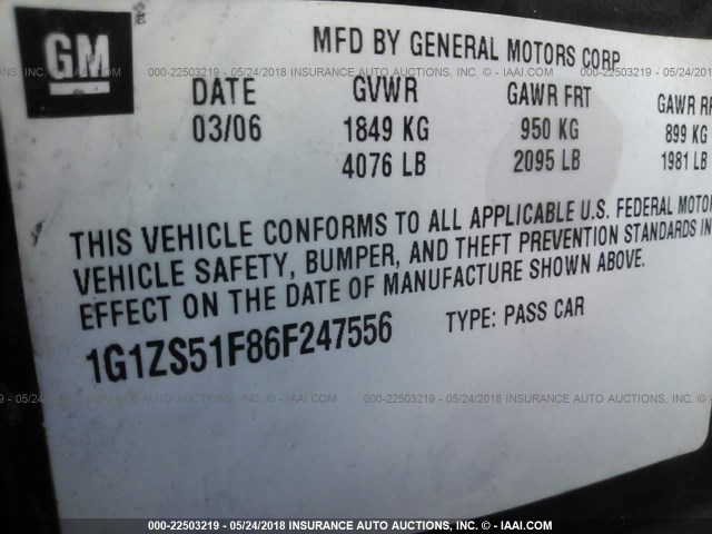 1G1ZS51F86F247556 - 2006 CHEVROLET MALIBU LS მუქი ლურჯი ფოტო 9