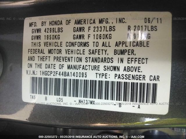 1HGCP2F44BA140095 - 2011 HONDA ACCORD LXP GRAY photo 9