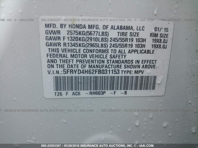 5FRYD4H62FB031153 - 2015 ACURA MDX TECHNOLOGY WHITE photo 9