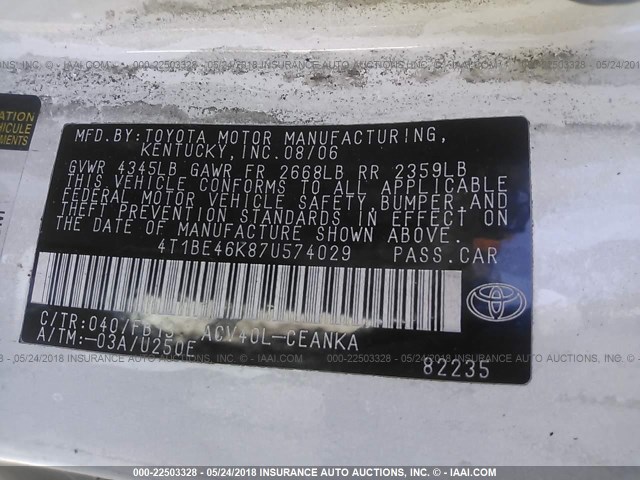 4T1BE46K87U574029 - 2007 TOYOTA CAMRY NEW GENERAT CE/LE/XLE/SE WHITE photo 9