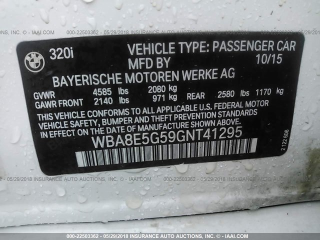 WBA8E5G59GNT41295 - 2016 BMW 320 XI WHITE photo 9