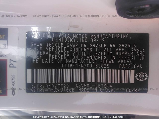 4T1BF1FK7CU163825 - 2012 TOYOTA CAMRY SE/LE/XLE 白色 照片 9