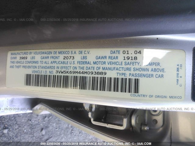 3VWSK69M44M093889 - 2004 VOLKSWAGEN JETTA GLS SILVER photo 9