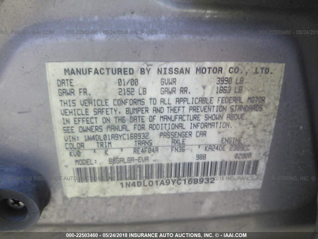 1N4DL01A9YC168932 - 2000 NISSAN ALTIMA XE/GXE/SE/GLE SILVER photo 9